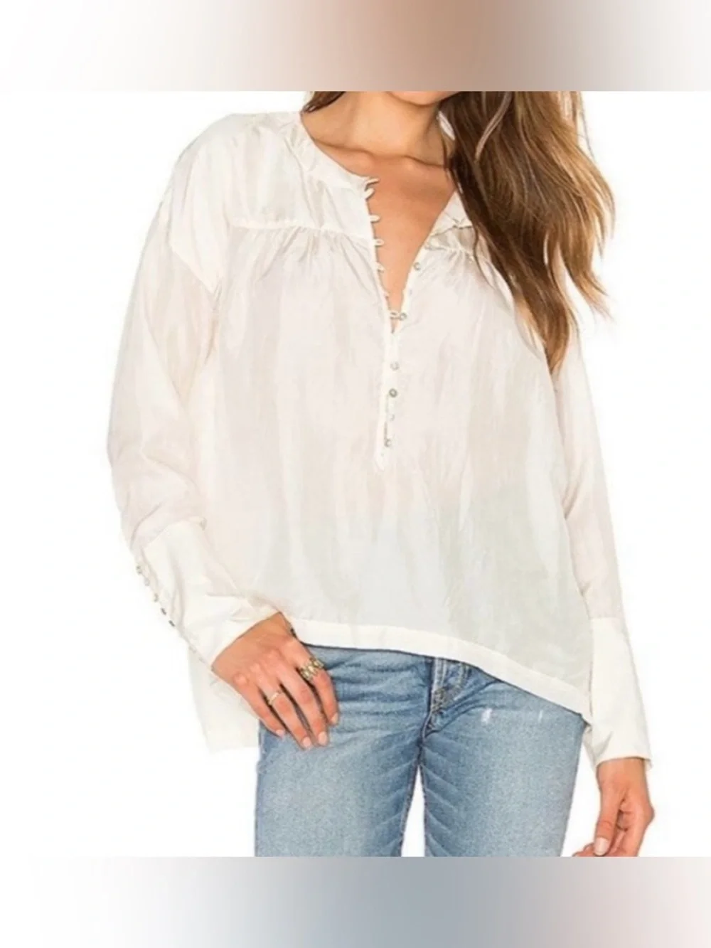Free People Cream Silk Button-Up Oversized Blouse - Size S